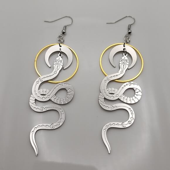 Celestial Serpent Moon Phase Snake Earrings - Picture 4 of 5